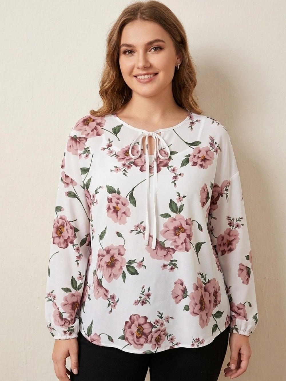 SHEIN - White Blouse with Pink Floral Tie-Neck